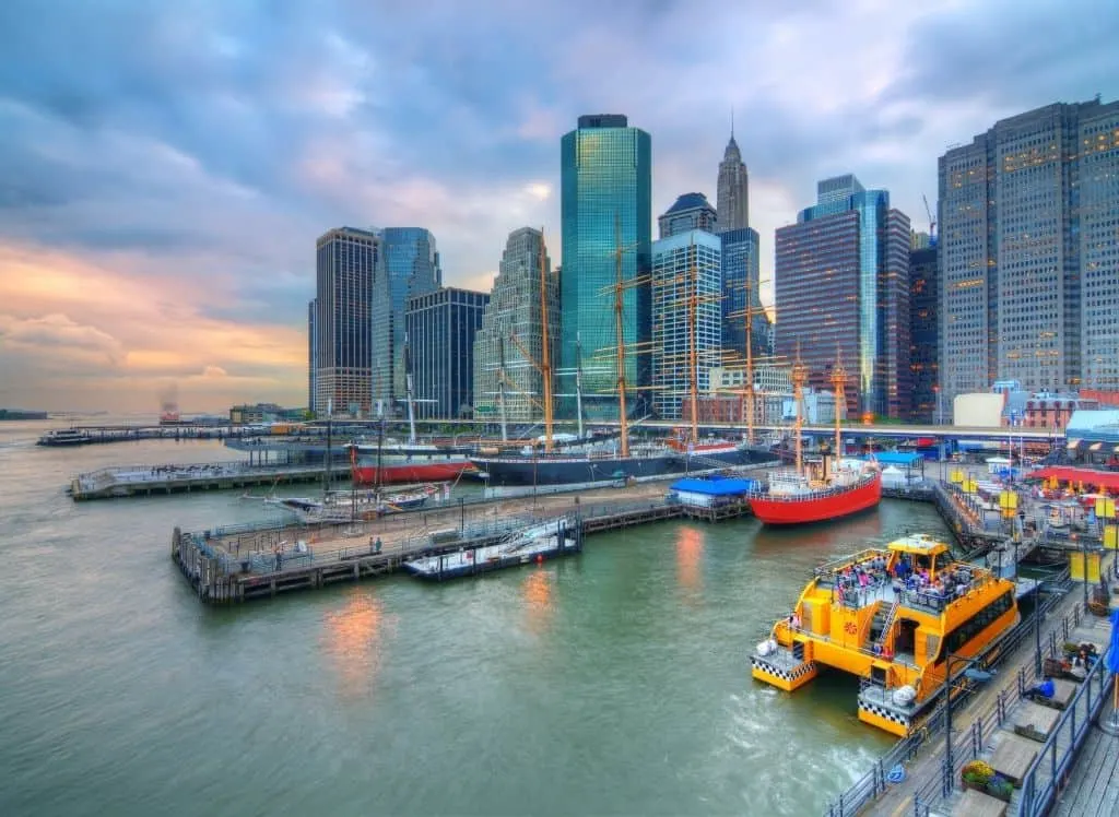 An aerial view of Southstreet Seaport in the evening. 
