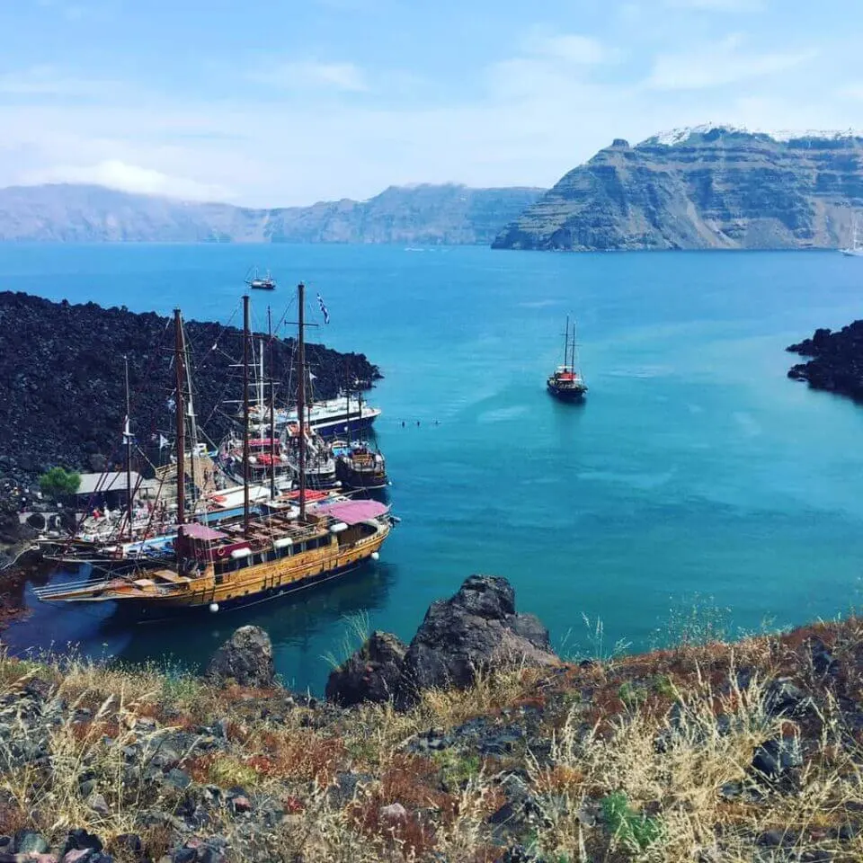 wide ocean view on volcanic Santorini