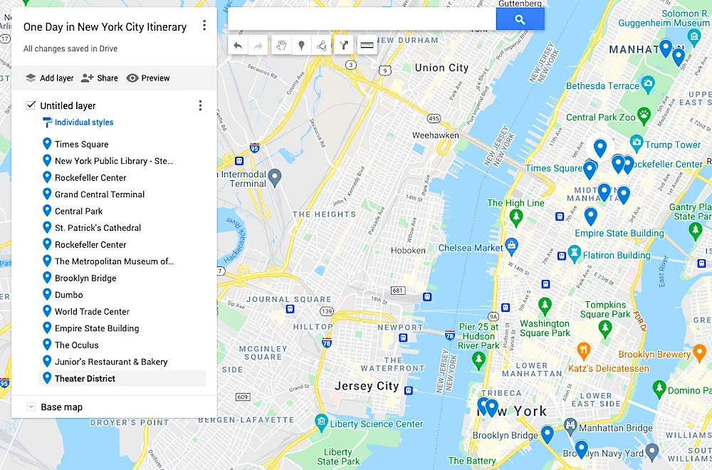 One day in New York itinerary Map