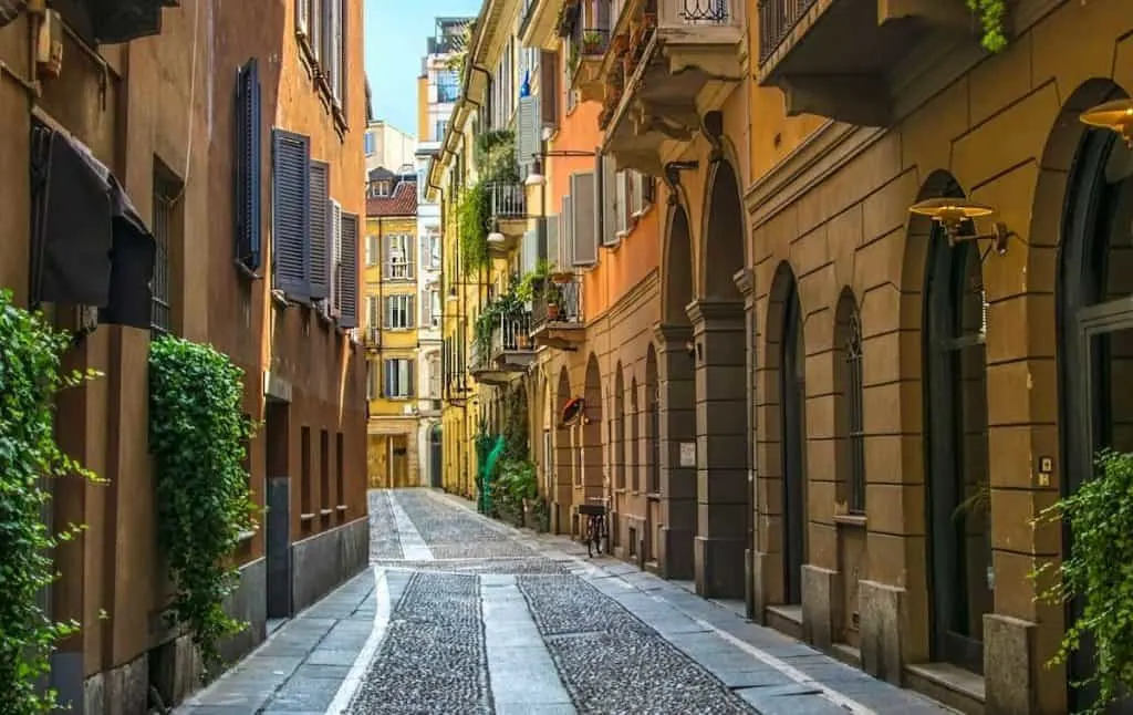 Charming cobblestone streets of the Brera District in Milan.