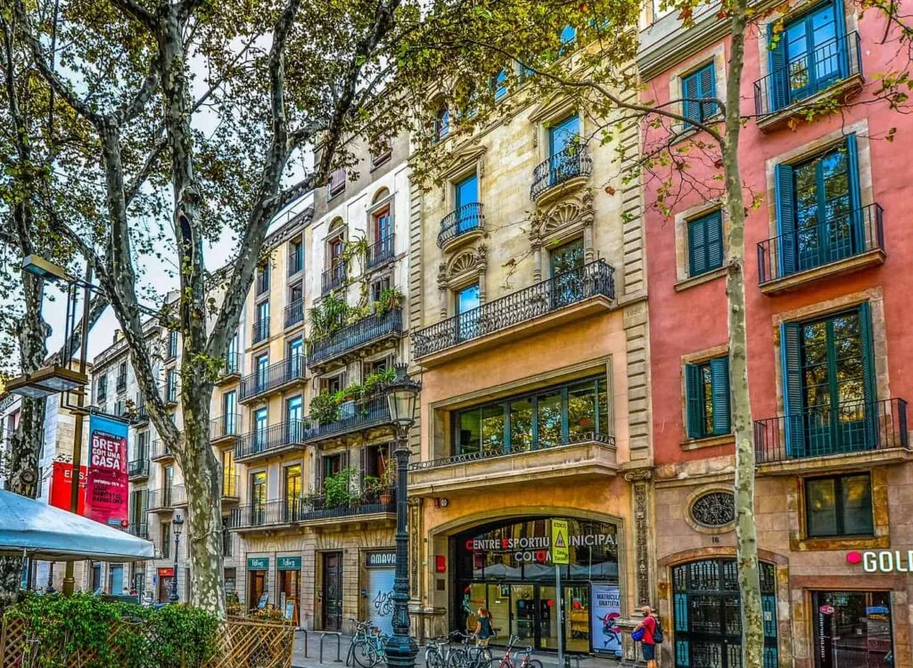 View of the vibrant buildings that line the streets of Barcelona and Las Ramblas. 