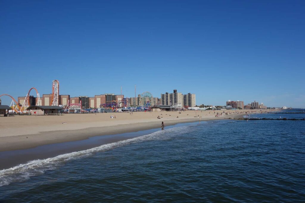 Aerial view of the beach at Coney Island, one of the best beaches in NYC.