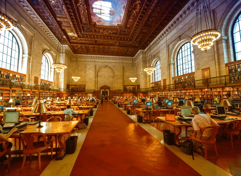 One of the main reading rooms inside the New York Public Library. 