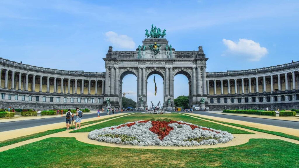 A view of the giant gate and fountain that sit in front of Cinquantenaire Park in Brussels. 