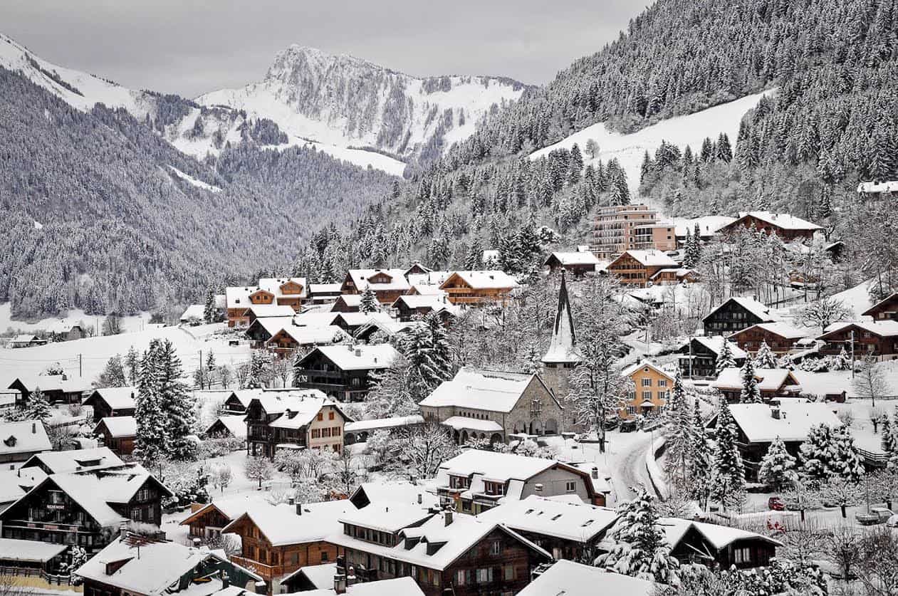 The beautiful snow covered town of Château-d'Oex, Switzerland.