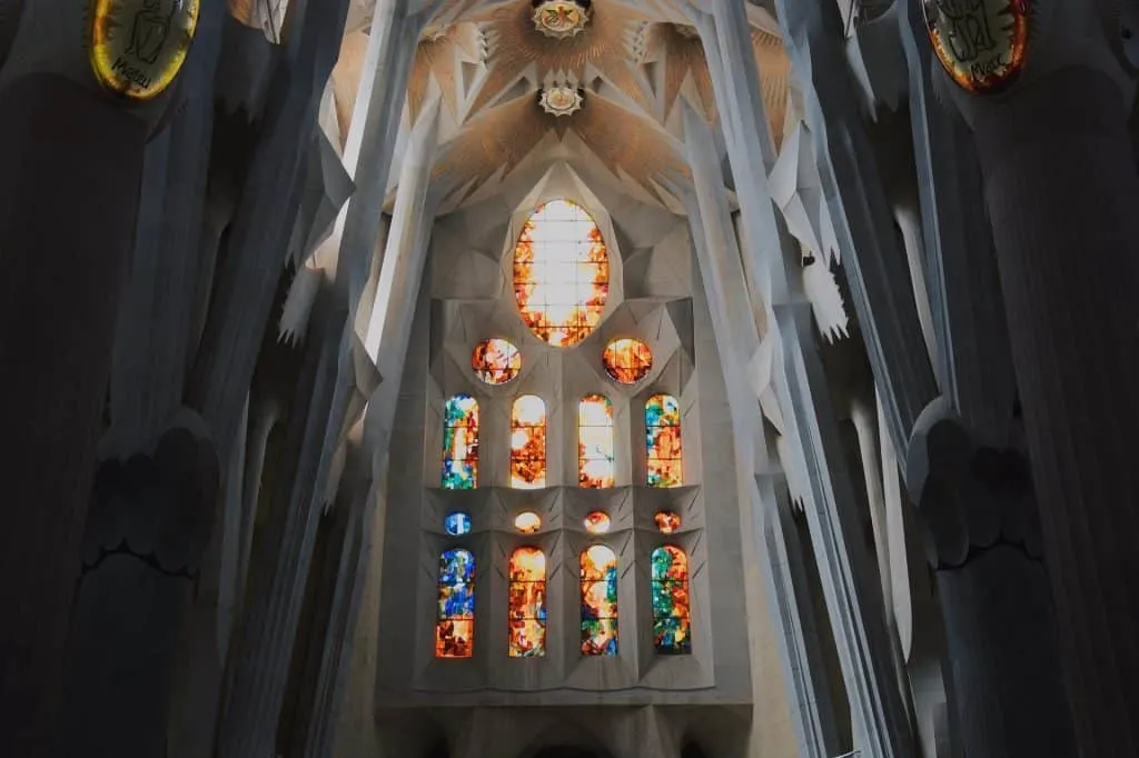 The stunning stained glass interior of La Sagrada Familia. This is one of the best things to do in Barcelona.