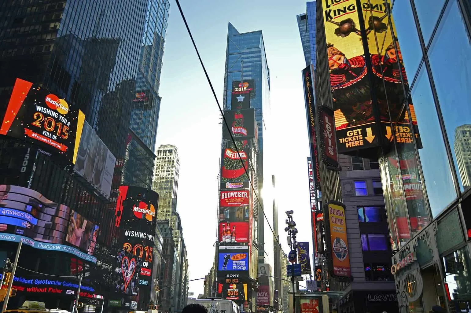 The bright lights and Broadway posters that you'll find throughout Times Square.