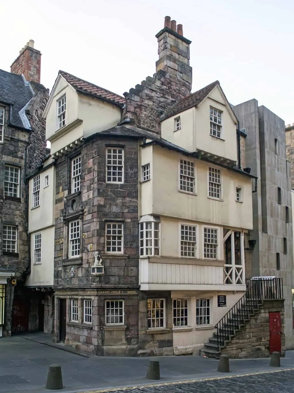 The historic wood and stone exterior of the John KNow House on the Royal Mile in Edinburgh. 