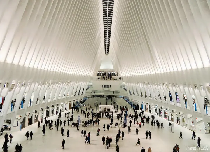 The beauty of the interior of the Oculus in the evening. 