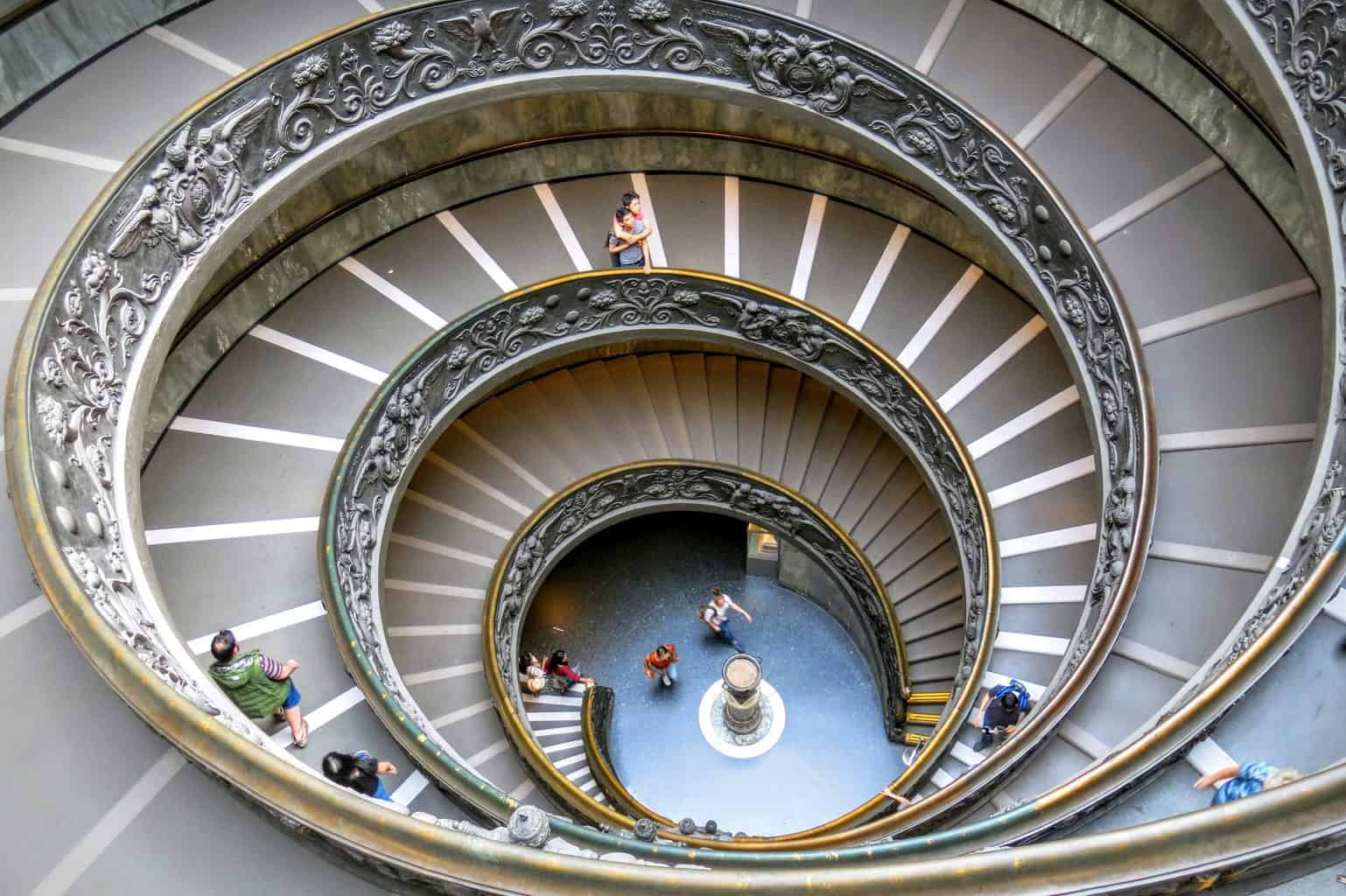 The iconic staircase at the Vatican Museums in Rome. 