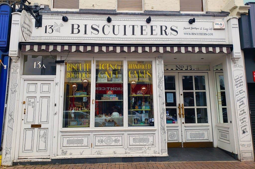The vintage black and white exterior of Biscuiteers in London in Notting Hill. 