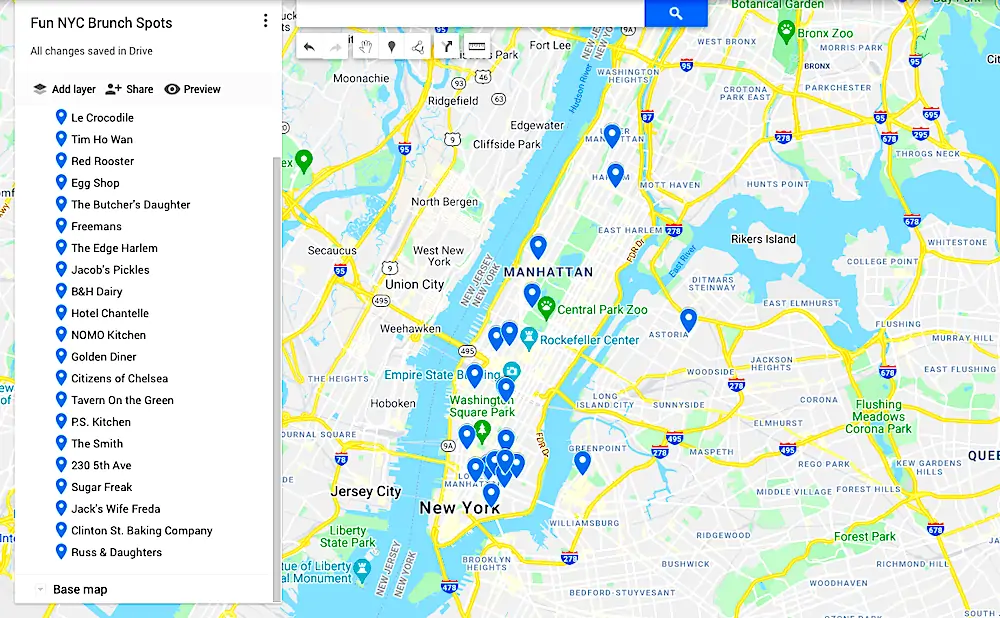 Map of fun brunch spots NYC