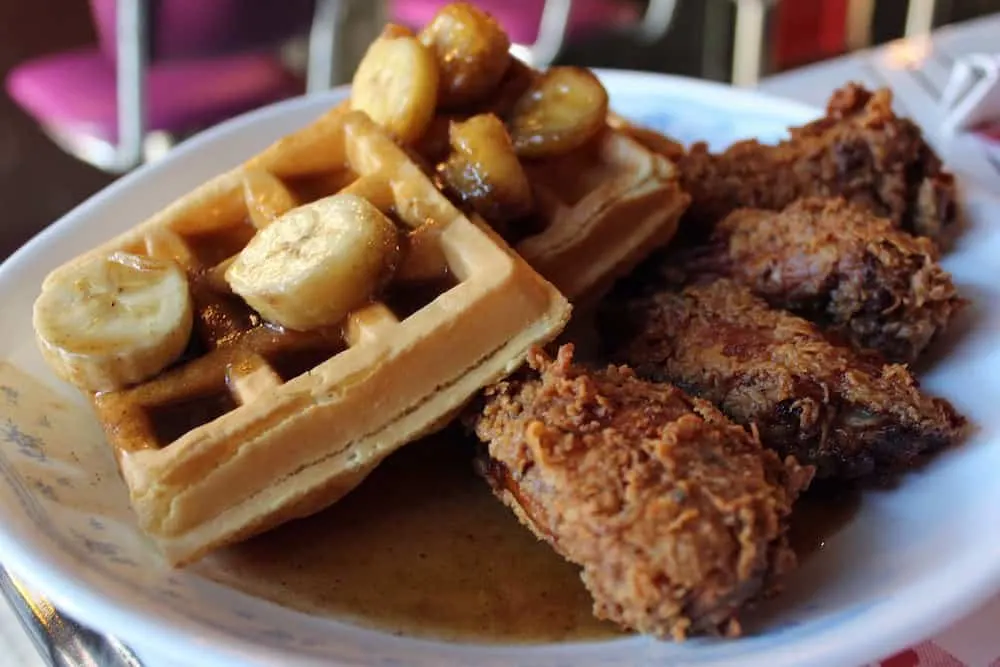 Fried chicken and waffles from Sugar freak in Queens, home to the best boozy brunch in NYC. 