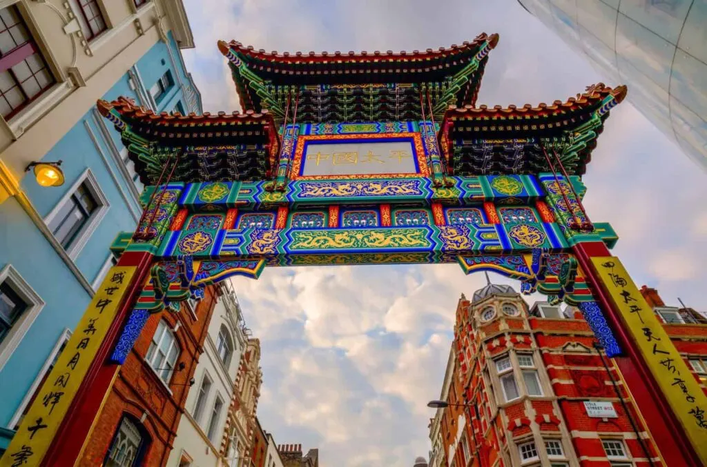 gate of the famous Chinatown in London, UK, at dusk