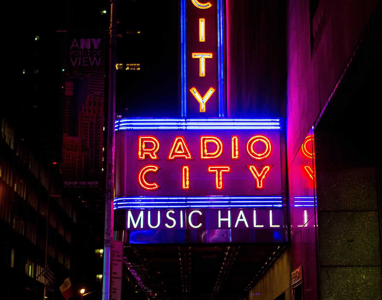 Exterior and sign for Radio City Music Hall. Because one of the best things to do in winter in NYC is see the Rockettes