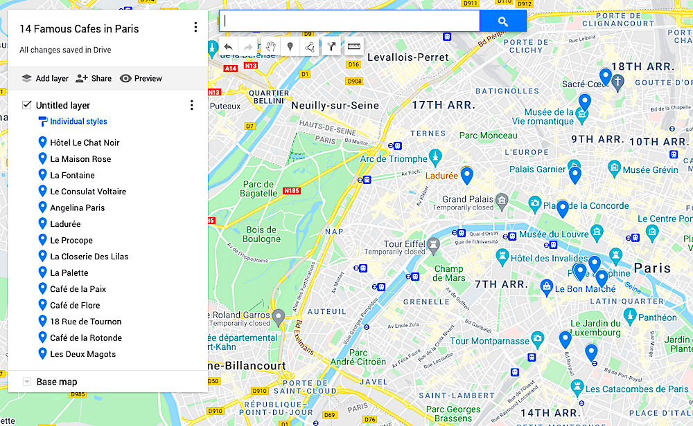 Map of 14 famous cafes in Paris