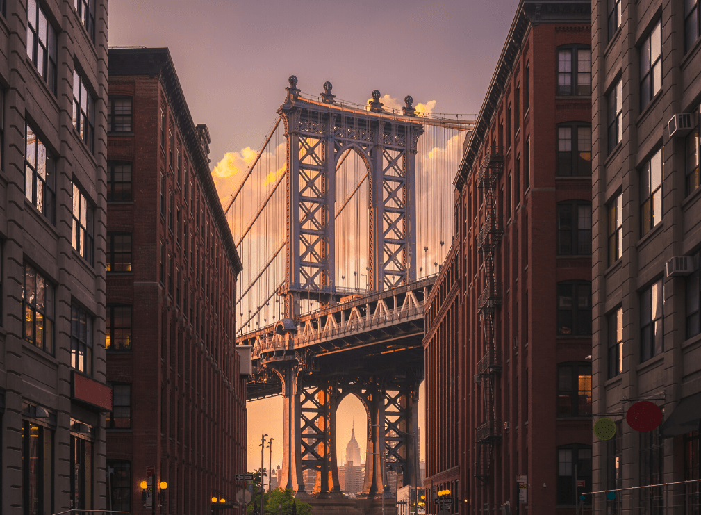 A perfect shot of the Manhattan Bridge from the corner of Washington  Street and Water Street.