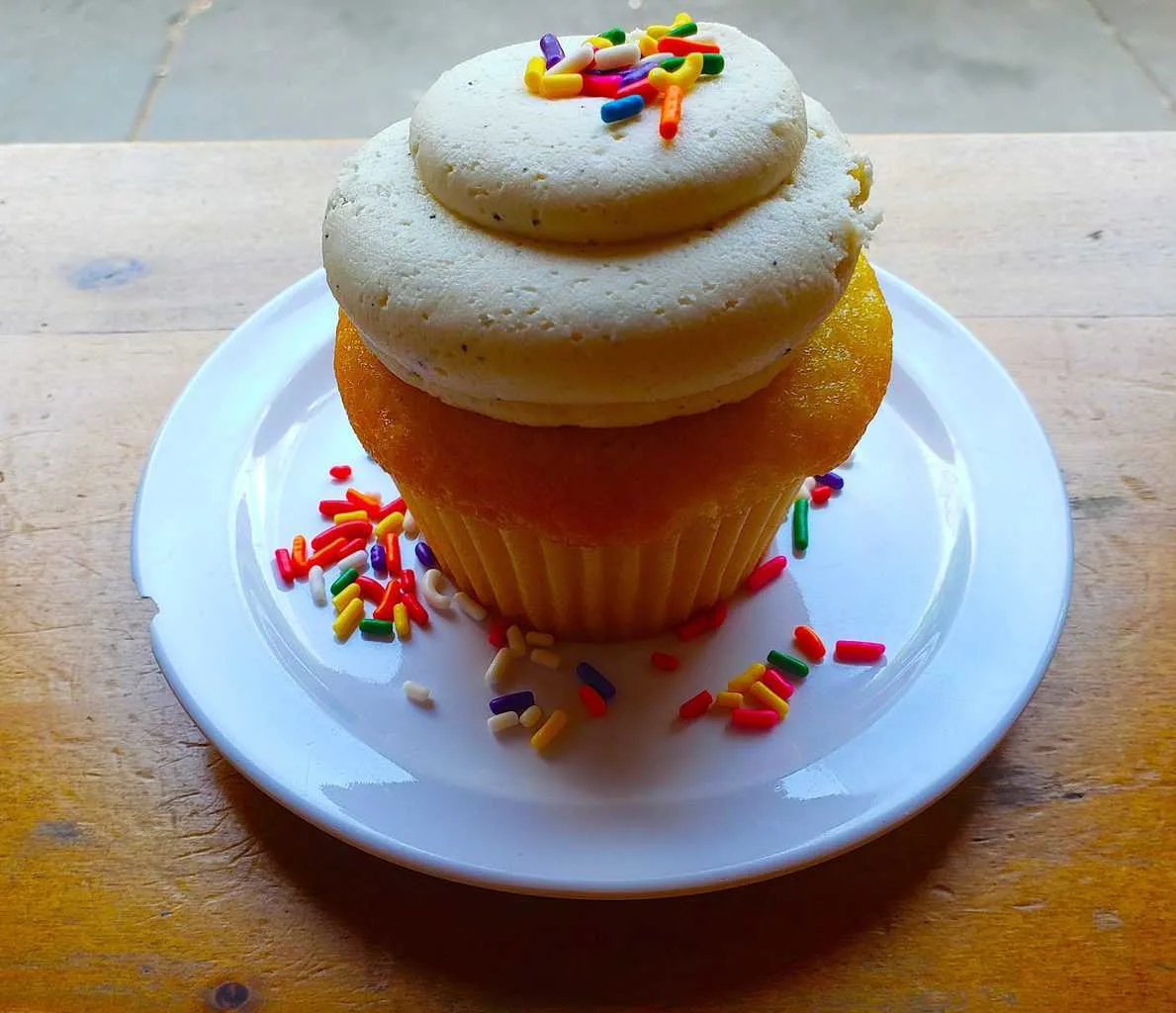 A large cupcake with frosting and multicolored sprinkles from Greenwich village is one of the top edible unusual things to do in NYC.