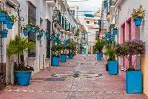 The enchanting, flower pot lined streets of Estepona, Spain.
