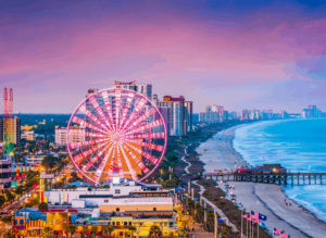 The vibrant beauty of Myrtle Beach's famed boardwalk in the evening.