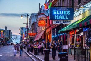 Beale Street in Memphis Tennessee, one of the best places to travel alone in the US.
