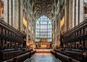 The medieval beauty of Gloucester Cathedral in Gloucestershire, England. A place where various interior shots of Hogwarts were filmed.