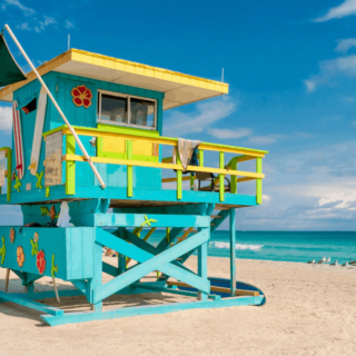 Multi-colored lifeguard tower in Miami in best warm winter vacations USA.