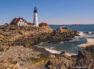 The quaint, New England charm of the Portland Head Lighthouse in Portland, Maine.