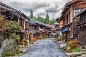 Some of the historic, Edo period houses that line the Nakasendo trail between Magome and Tsumago in Japan.