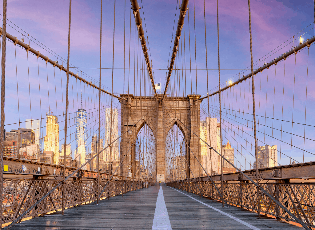 View at sunset while waling the Brooklyn Bridge