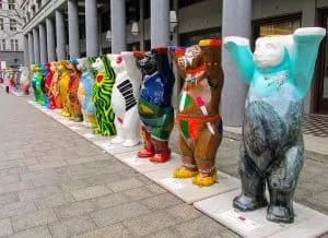 Some vibrantly decorated, Berlin Buddy Bears in their natural habitat.