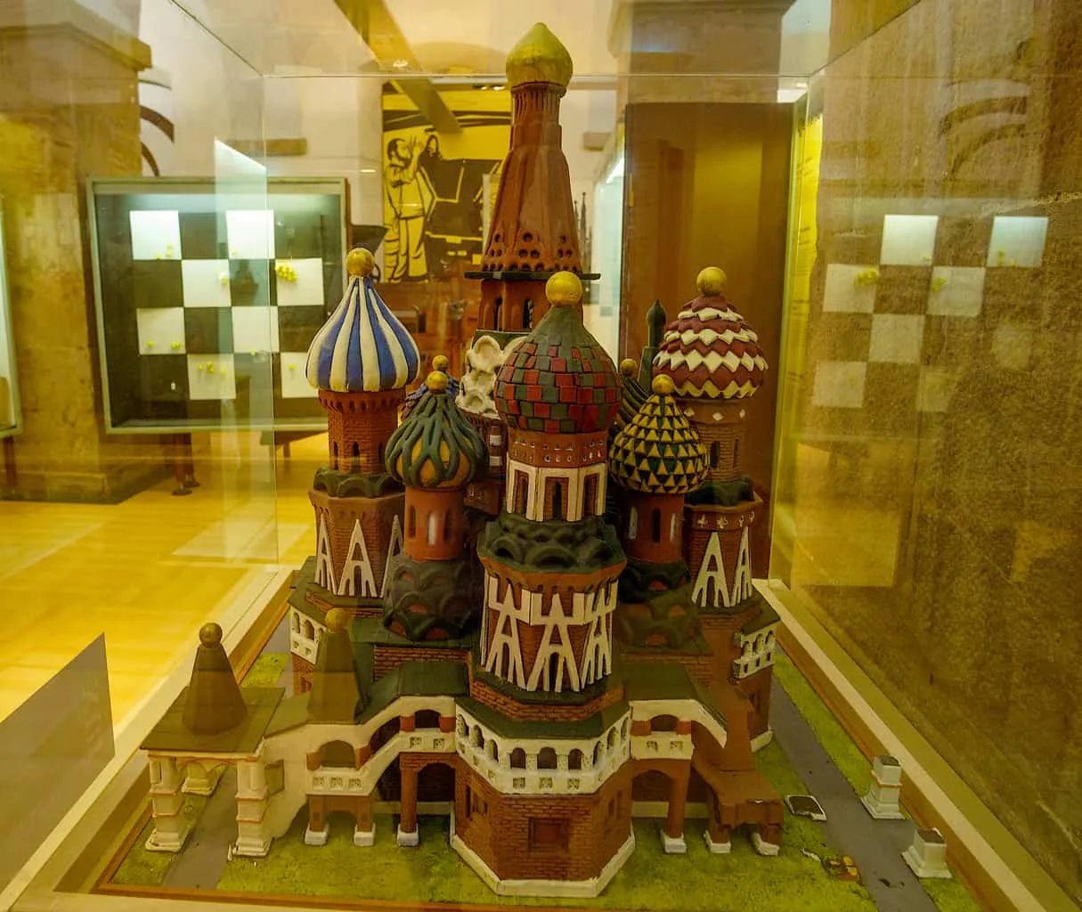 A chocolate sculpture of Moscow's famous, St. Basil's Cathedral is proudly displayed inside of Barcelona's chocolate museum.
