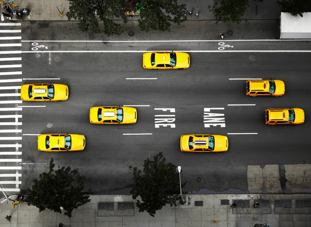 An aerial view of NYC's iconic yellow taxis. 