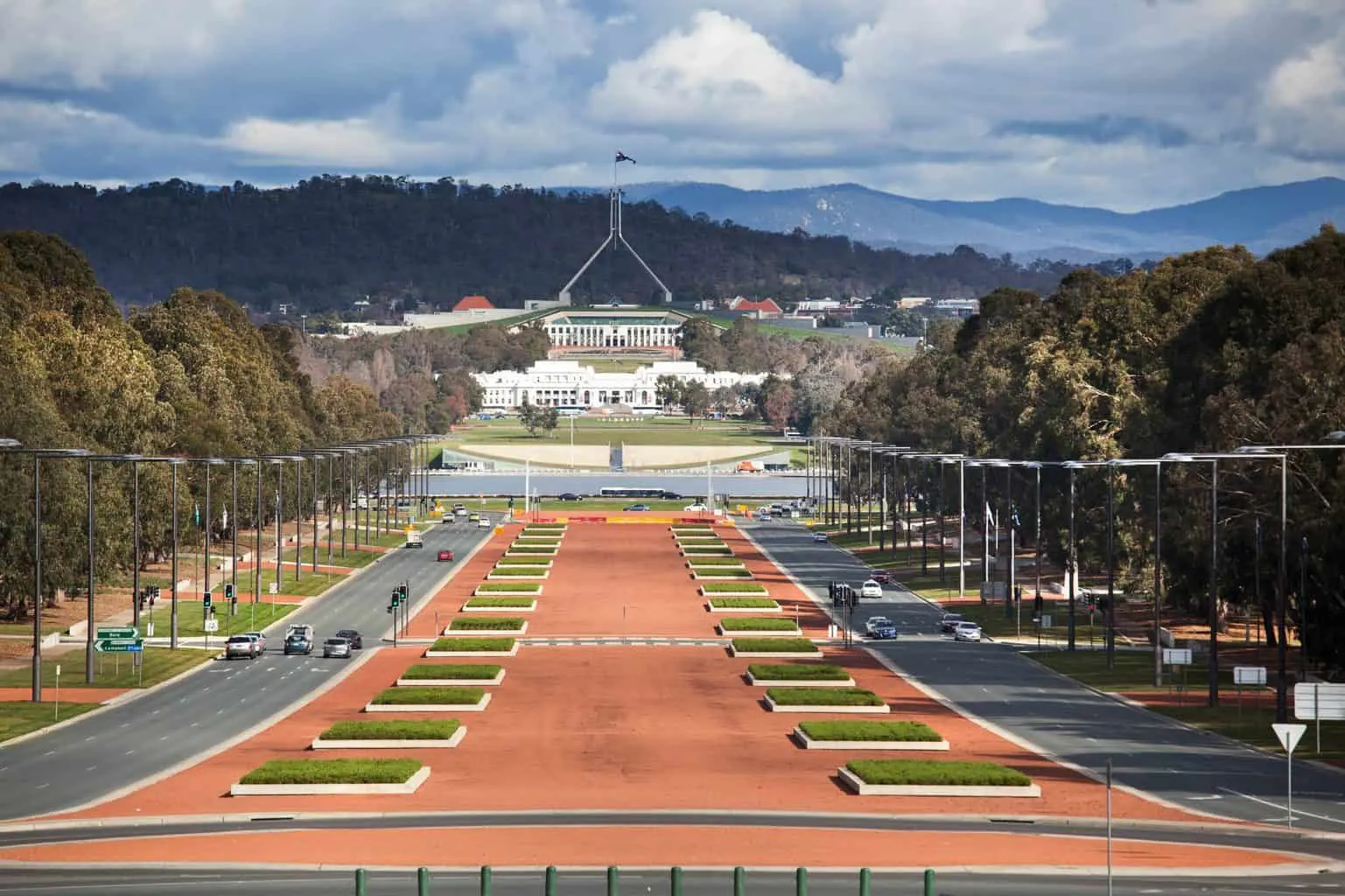  A sweeping, landscape view of Parliament House from the war museum in Canberra.