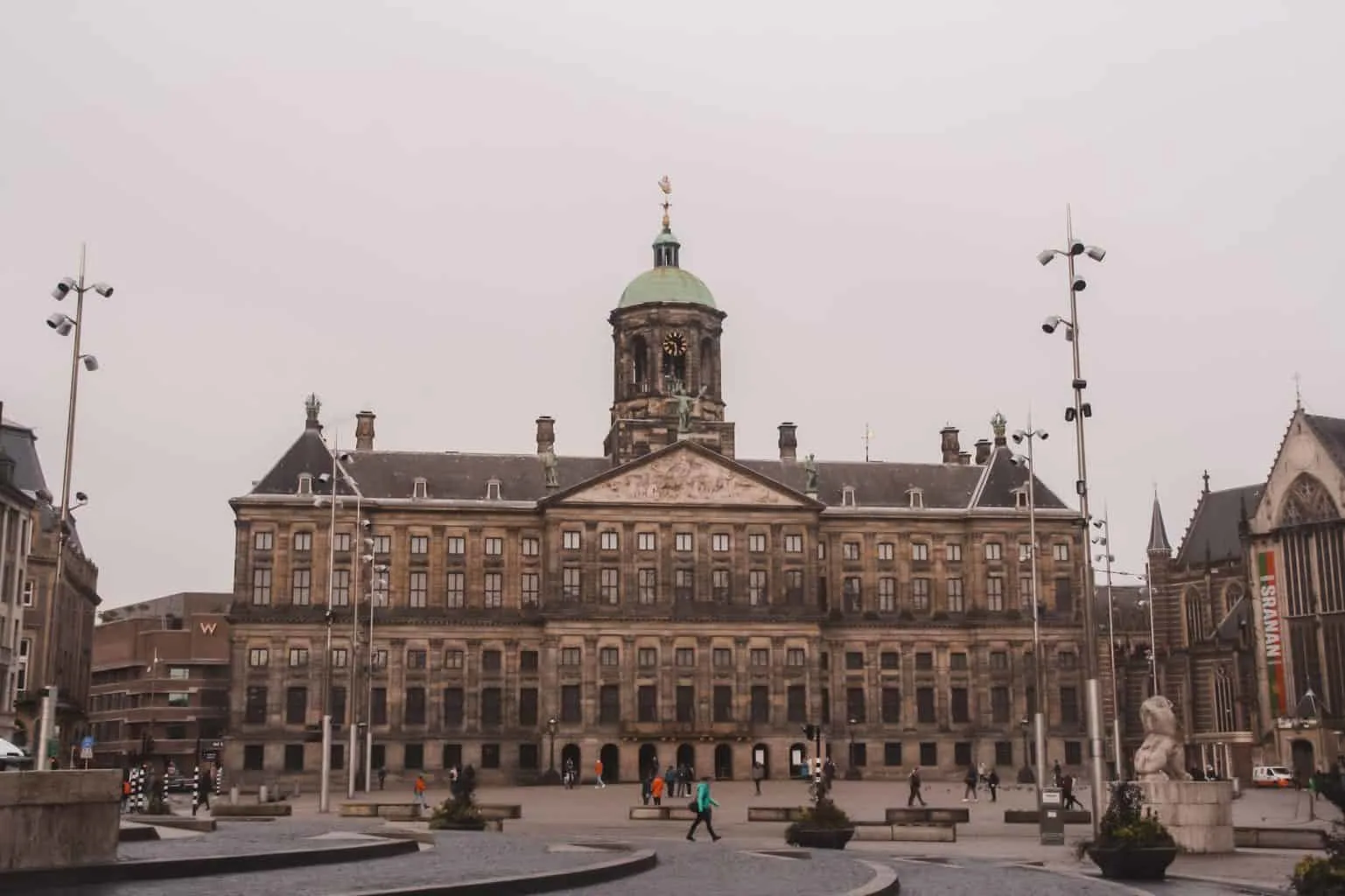 The impressive and expansive, Golden Age exterior of the Royal Palace in Amsterdam's Dam Square, 