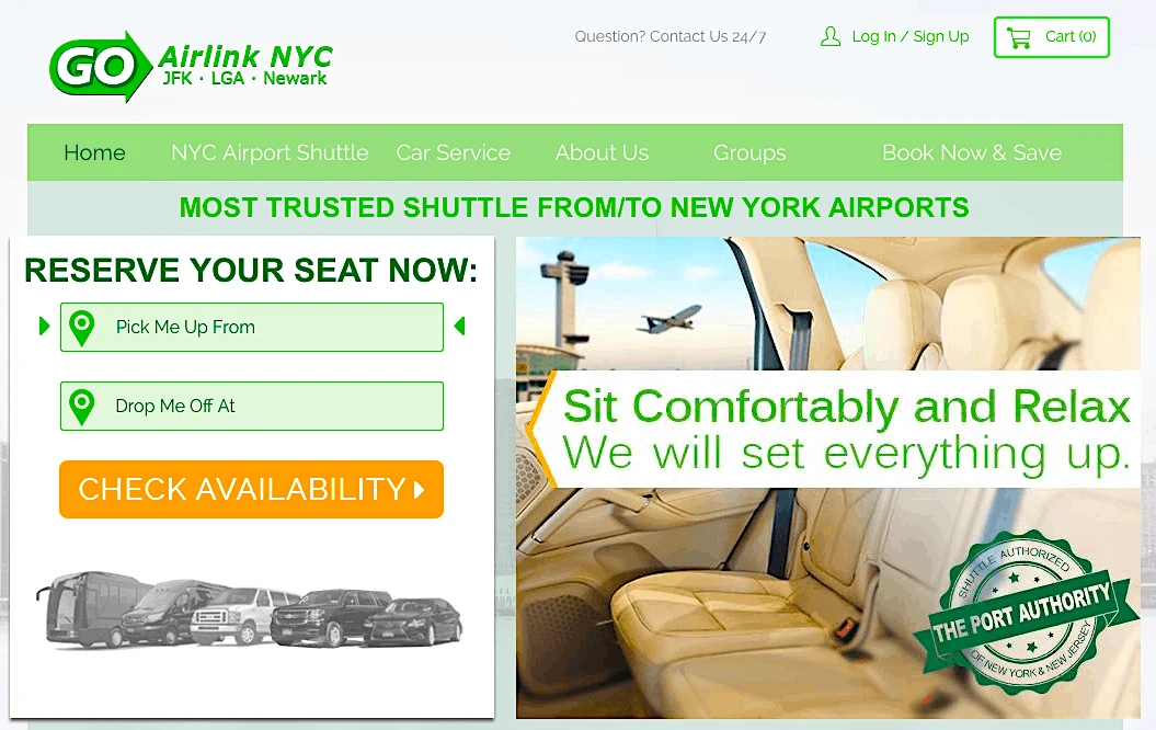 Quickly and economically use the Go Airlink Website to pre-book a seat in an airport shuttle to take you from Newark to Mahattan. 