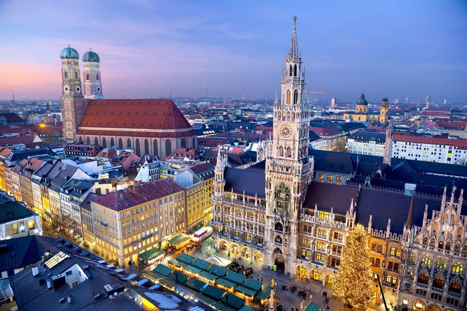 An aerial view of the Christmas decorations in Munich at dusk.