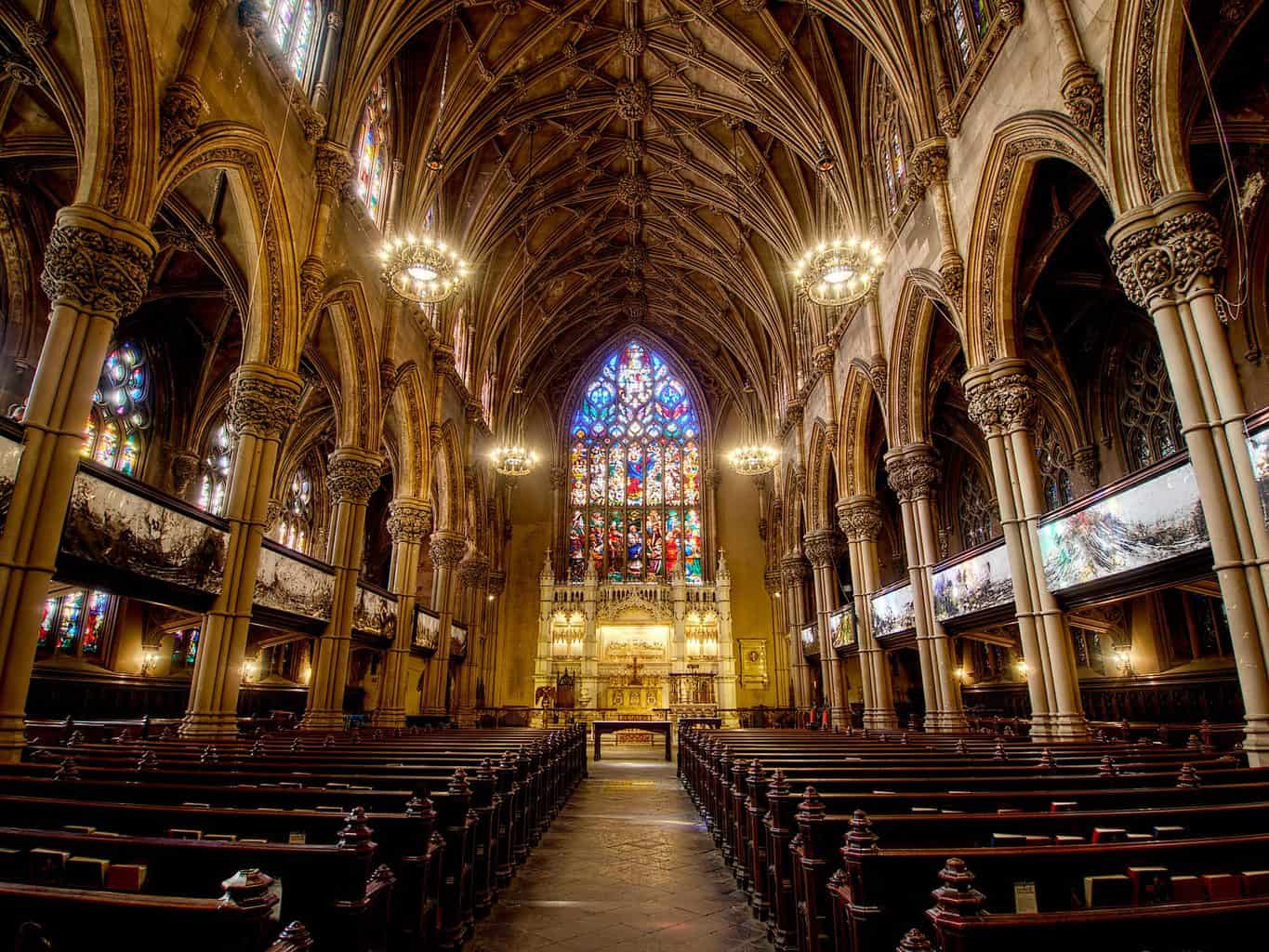 The impressive Gothic Revival style architecture and historic staimed glass windows of St. Ann and the Holy Trinity Church in Brooklyn