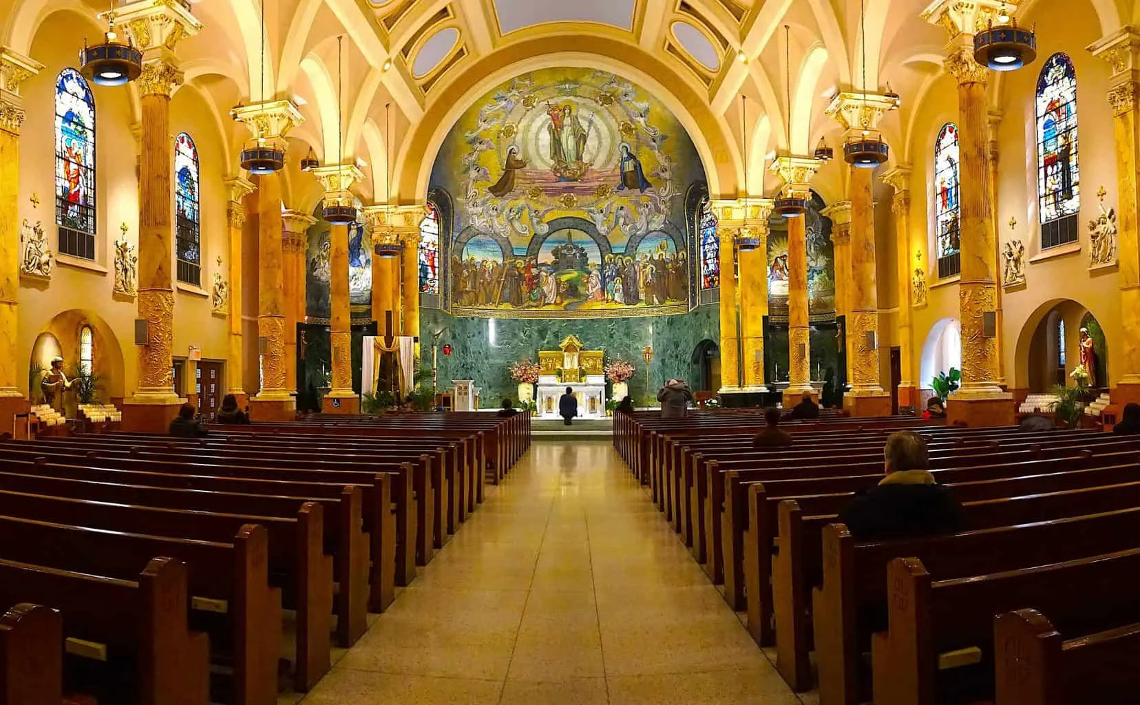 The opulent interior of the Church of St. Francis Assisi in Manhattan, NYC. Image sourced from Anthony Jalandoni on Flickr.com.
