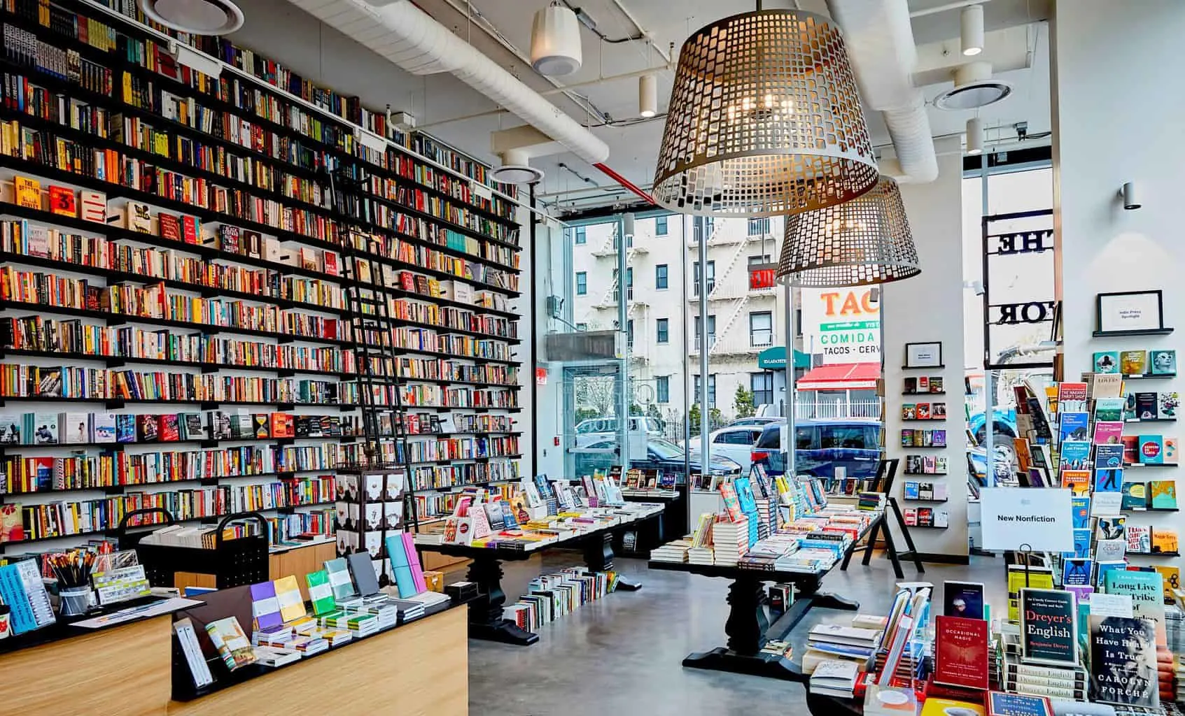 The light, bright, and welcoming interior of the Center for Fiction in Brooklyn.