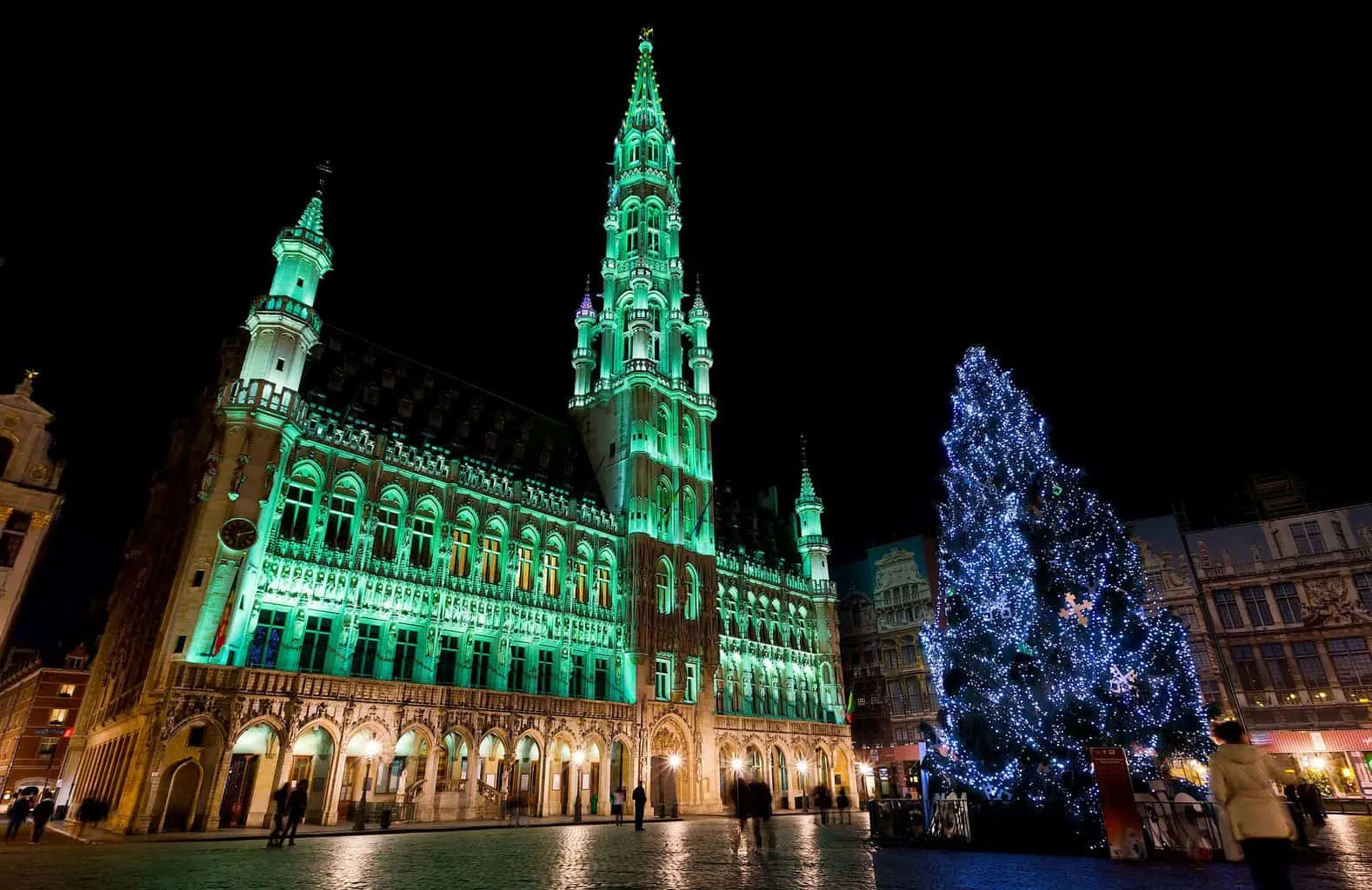 The beautiful Christmas tree and Christmas lights you'll find in the Grand Place in Brussels, Belgium. 
