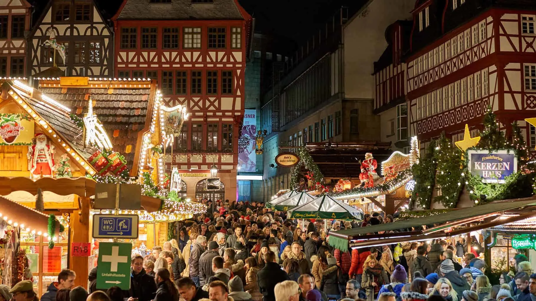 The vibrant Christmas market in the center of Frankfurt, Germany.
