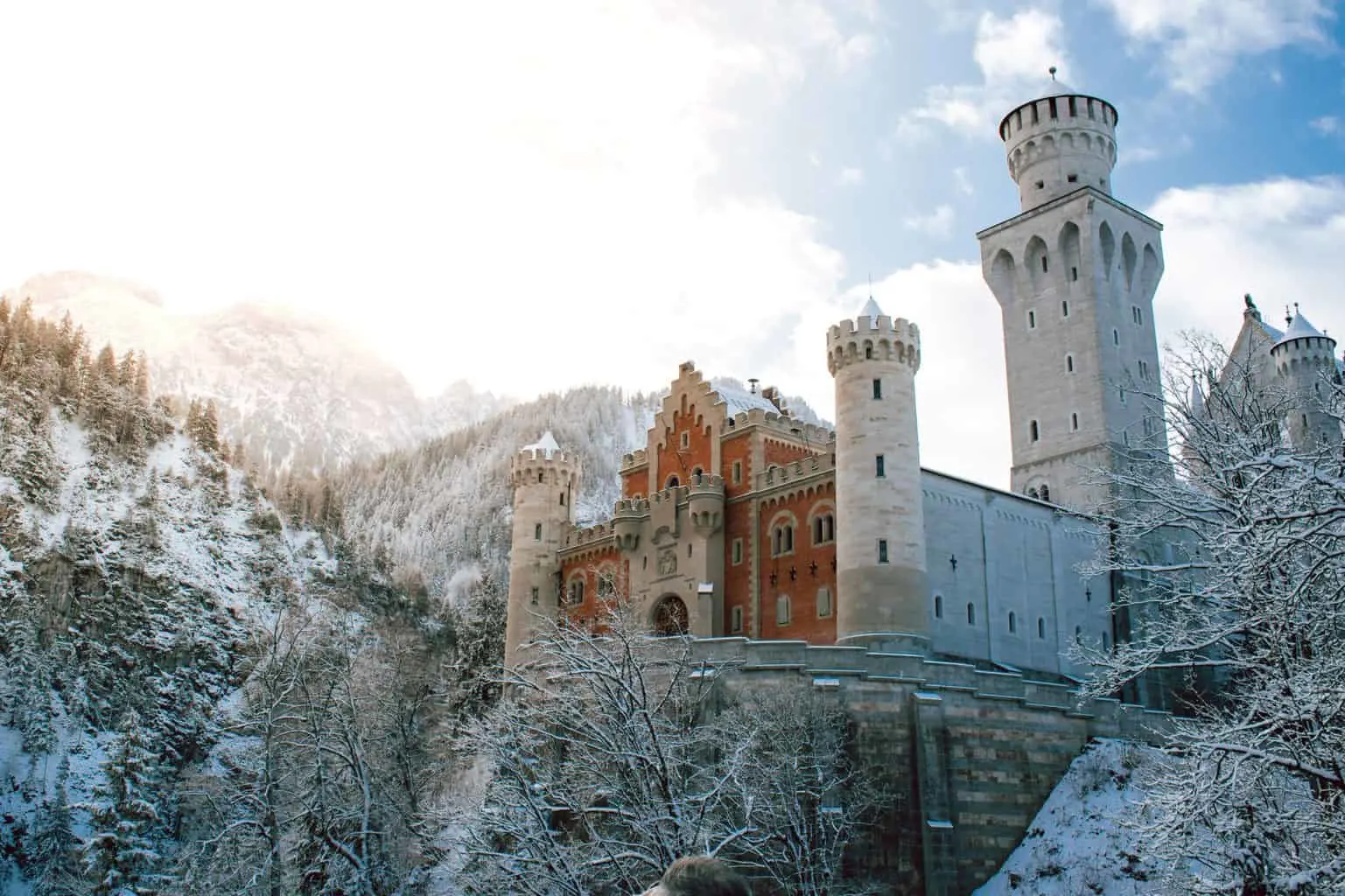Neuschwanstein Castle surrounded by snow near Fussen, Germany. 