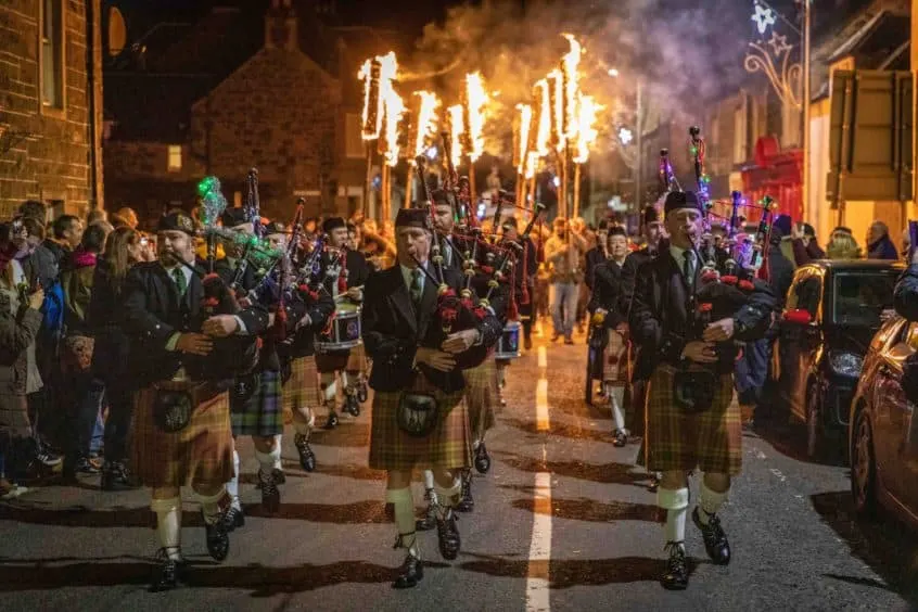  The beautiful Flambeaux procession through Comrie, Scotland for Hogmanay, 