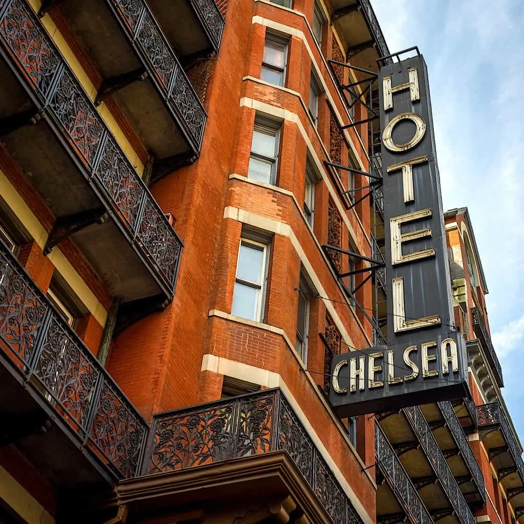 The vintage facade of the legendary Chelsea Hotel in downtown Manhattan, NYC.
