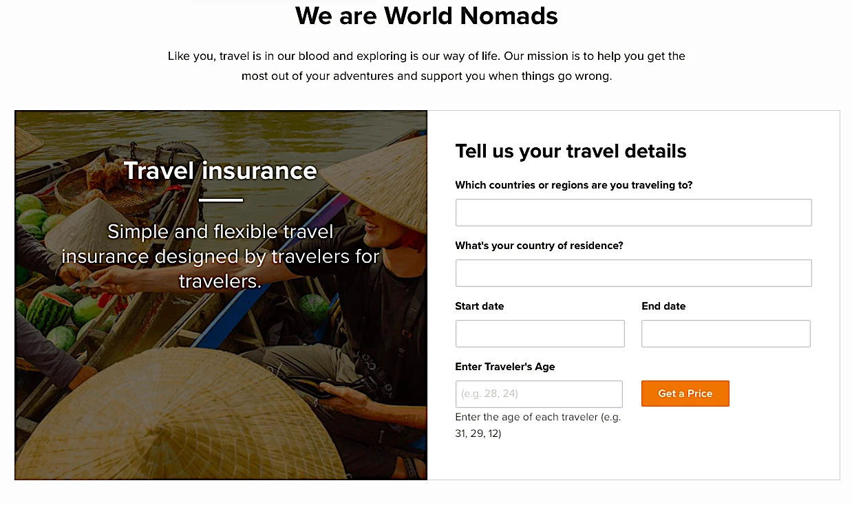 The World Nomads website where you can can a quote for travel insurance. 