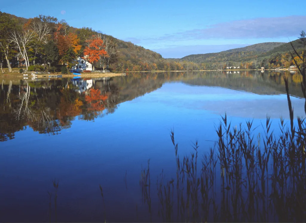 Beautiful fall foliage lining a pond in the Berkshires, MA, which is one of the best road trips from NYC. 