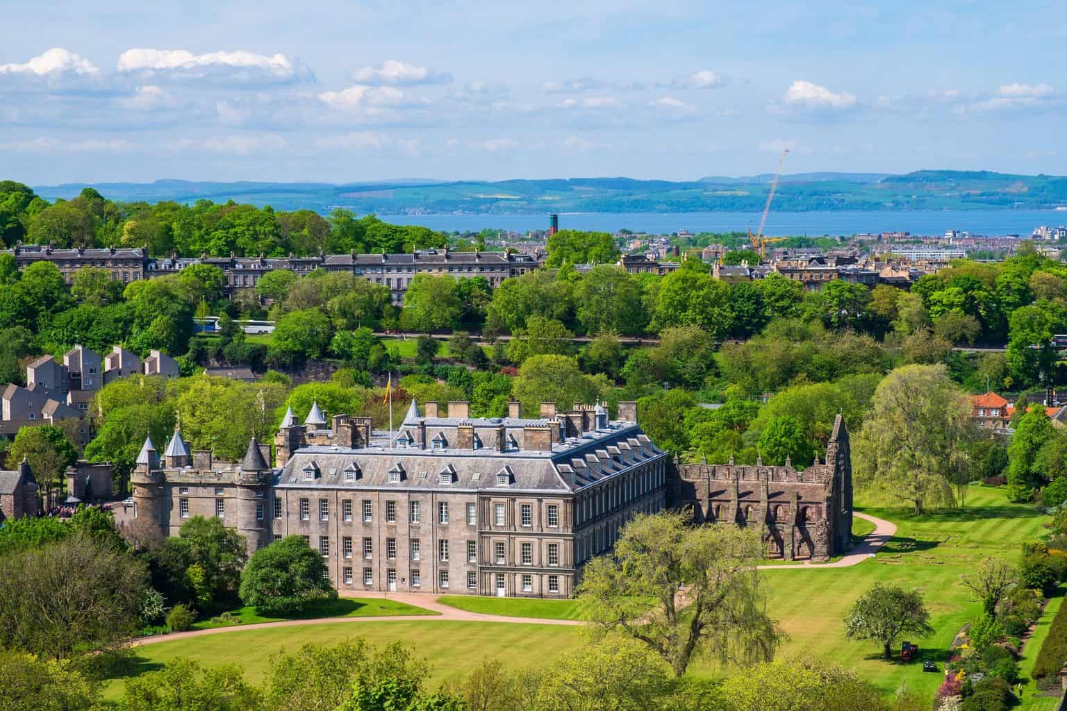 A sweeping view of the Palaca of Hollyrood house in Edinburgh, Scotland. 