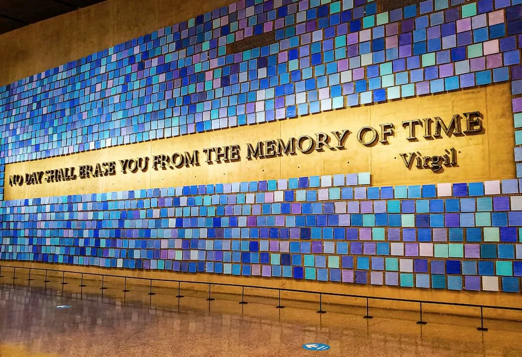 A beautiful blue watercolor mural that sits inside the museum and that honors all of the 9/11 victims. 