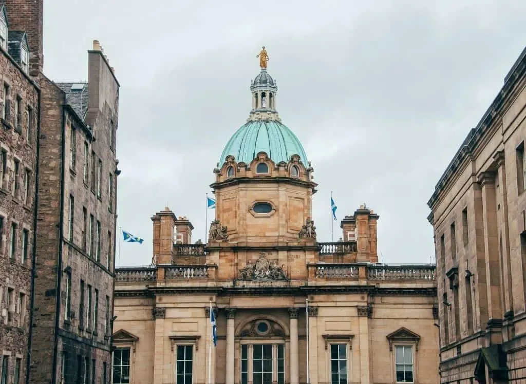 The enchanting, bank of Scotland headquarters with a domed, turquoise roof. 